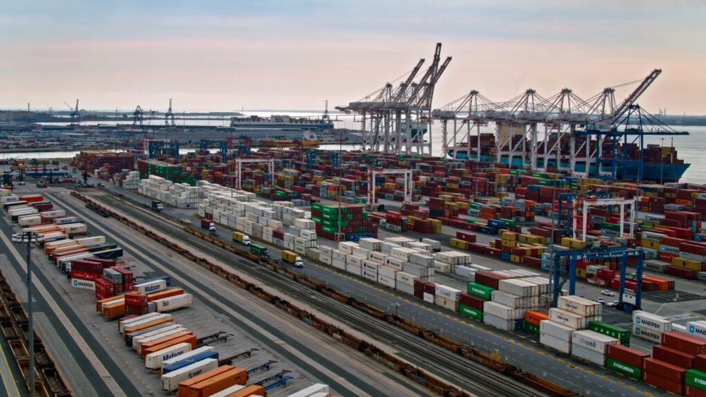 Aerial shot of the Port of Baltimore at sunset....<div class=